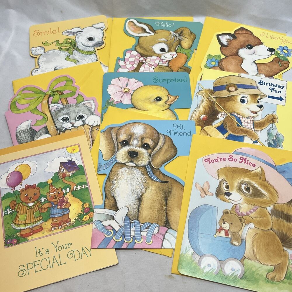 Vintage Lot of 9 Animal Kids Fun Cheerful Birthday Cards Current Cat Dog Bunny +